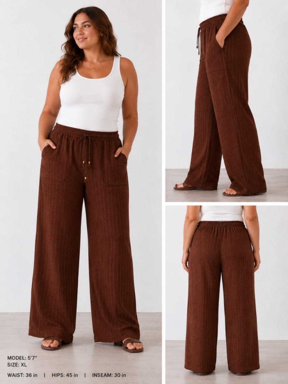 Brown Wide Leg Lounge Pants XL Elastic Waist Drawstring Striped Pockets